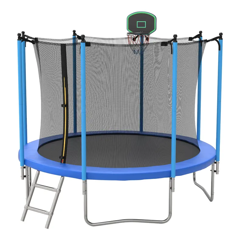 10-Foot Kids’ Trampoline with Enclosure Net, Ladder & Basketball Hoop – Blue Bounce Zone for Backyard Play