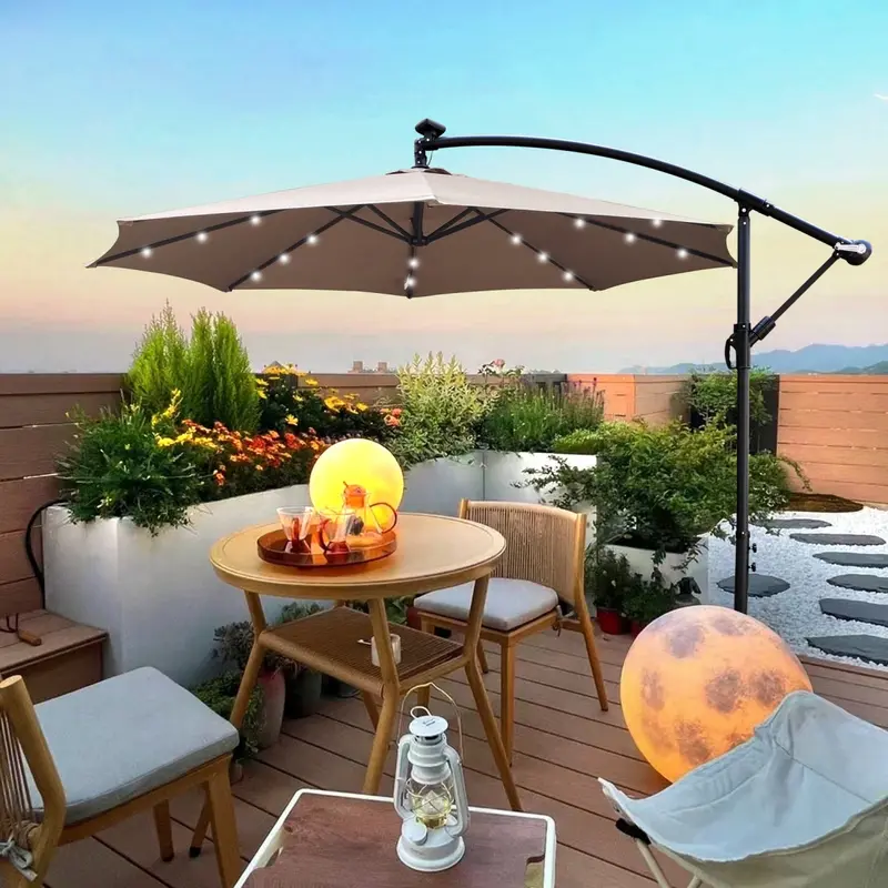 10 ft LED Cantilever Patio Umbrella – 24-Bulb Hanging Shade with 8-Rib Reinforced Frame, Crank Lift & Cross Base for Deck, Pool or Backyard Use