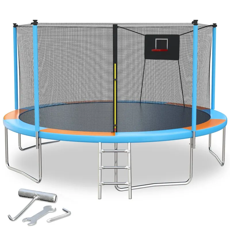 14-Foot Round Trampoline with Enclosed Safety Net & Basketball Hoop – ASTM-Certified Heavy-Duty Backyard Jumping Mat with Padding
