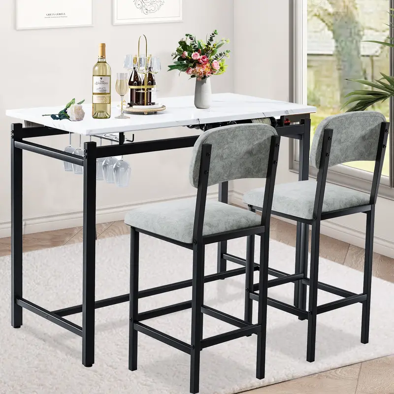 2-Person Counter-Height Dining Set with Modern Bar Table and Upholstered Chairs – Black Kitchen Breakfast Nook Solution