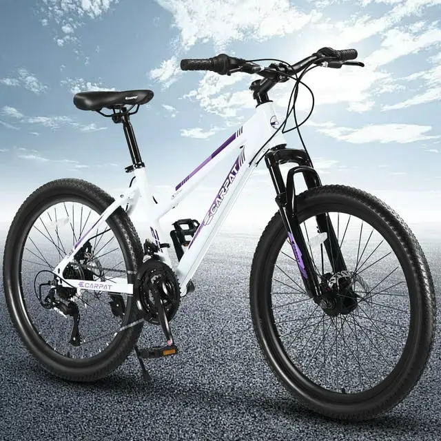 24-Inch Women’s Mountain Bike – 21-Speed Hardtail with Steel Frame, Dual Disc Brakes & Front Suspension, White