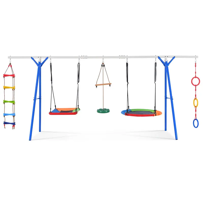 5-in-1 Outdoor Steel Swing Set for Kids – Multifunction Playground with Climbing Ladder, Saucer Swing, Monkey Bars, Disc Swing & Ring Swing