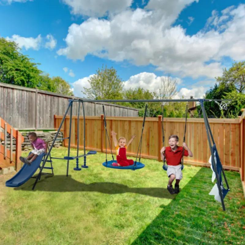 6-Function Metal Swing Set for Kids 3+ – Outdoor Backyard Playset with Slide, Net Swing, Sports Hoops & 440 lb Weight Capacity