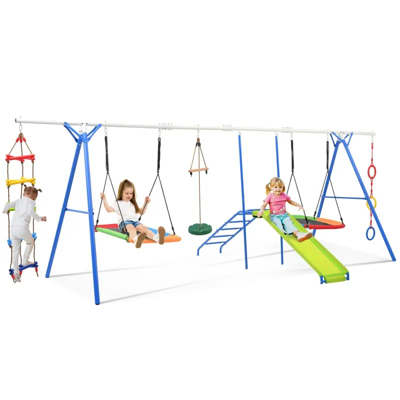 6-in-1 Backyard Playground Set – Outdoor Swing System with Rope Ladder, Slide, Disc & Saucer Swings, Monkey Bars & Climbing Features for Ages 3–10
