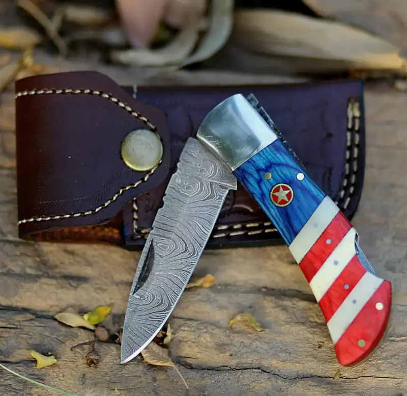 American Flag Damascus Steel Folding Pocket Knife – Handcrafted