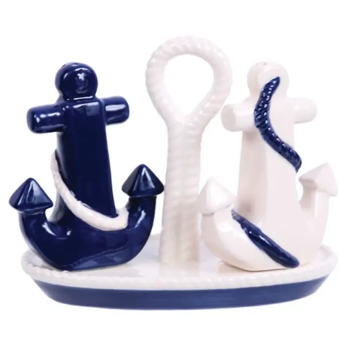 Anchor-Shaped Salt and Pepper Shaker Set on Wooden Base