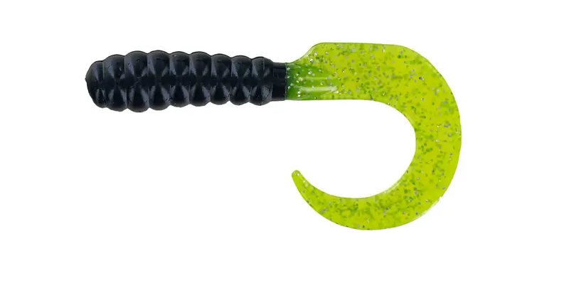 Big Bite 2-Inch Curl Tail Grub – Black/Chartreuse with Silver Flake, 10-Pack