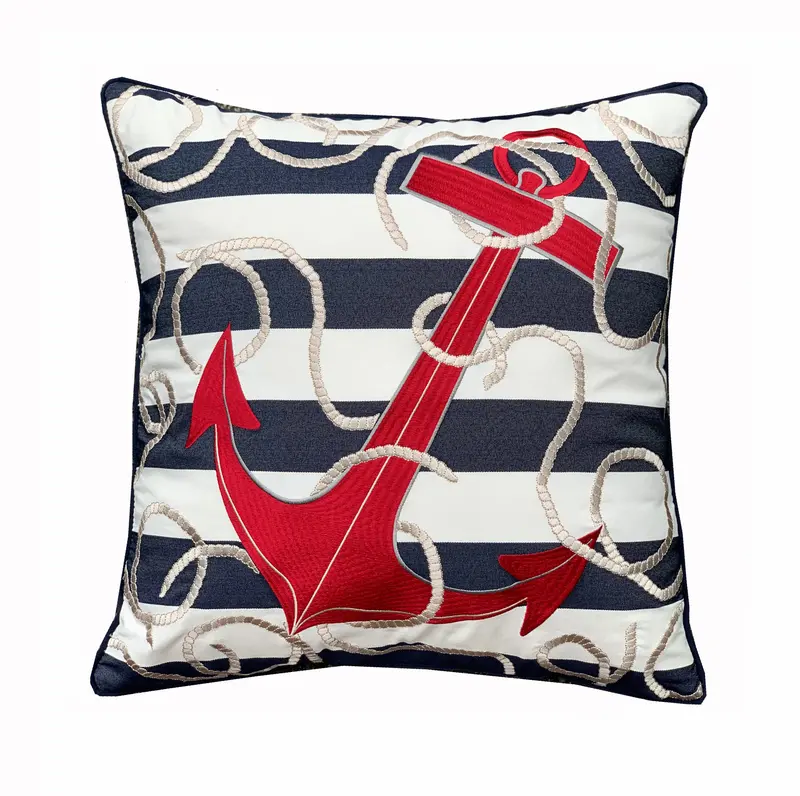 Blue Striped Anchor Embroidered Pillow