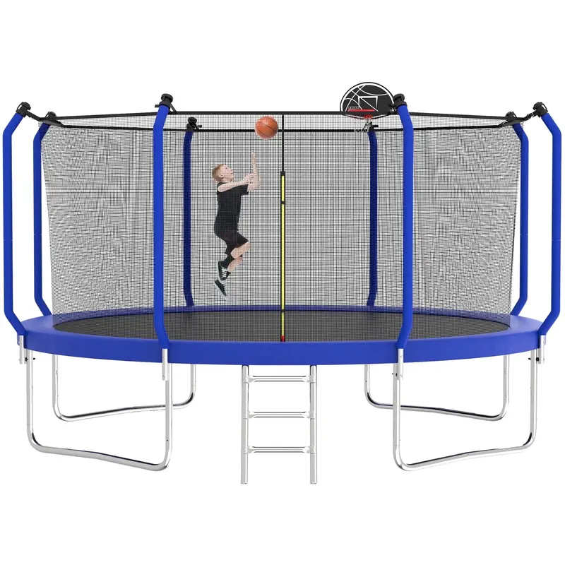 BTMWAY 14-Foot Heavy-Duty Outdoor Trampoline – Full Safety Enclosure, Basketball Hoop, Reinforced Jump Mat & 1000-LB Weight Capacity – Blue