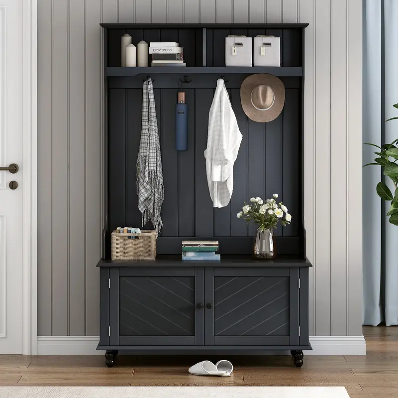 BTMWAY 3-in-1 Hall Tree – Entryway Bench with Shoe Cabinet, Coat Hooks, and Storage Drawers, Black