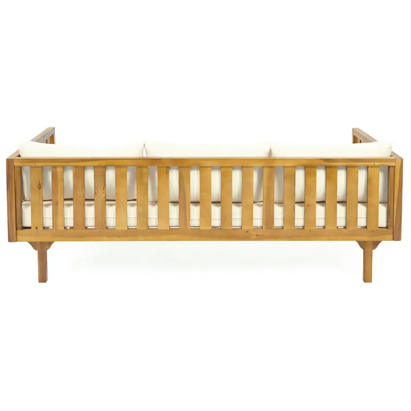 BTMWAY 3-Seater Acacia Wood Daybed with Rattan Accents & All-Weather Cushions – Outdoor Lounging & Entertaining Sofa