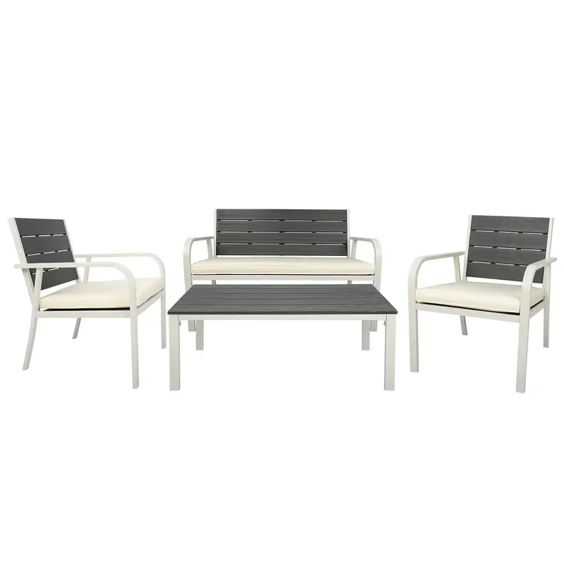 BTMWAY 4-Piece All-Weather Patio Conversation Set – PE Rattan Sofa Set with Loveseat, Coffee Table & Cushions – Wood-Grain Steel Frame – Black