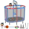 BTMWAY 60″ Kid-Friendly Indoor Trampoline – Space-Saving Mini Bouncer with Basketball Goal, Swing, Protective Net & Versatile Gymnastics Bar