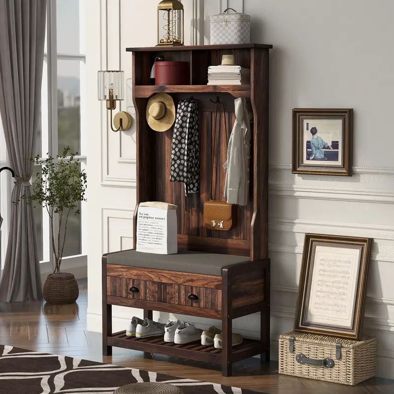BTMWAY Farmhouse Hall Tree – 3-in-1 Entryway Bench with Sliding Drawers, 4 Hooks, and Shoe Cabinet, Tiger Wood Finish