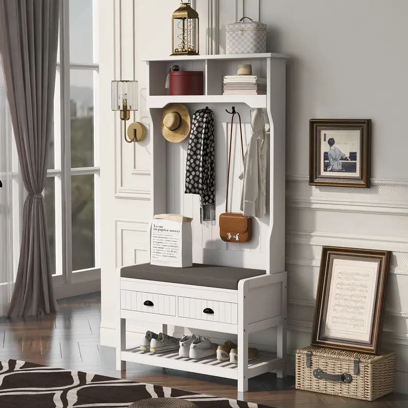 BTMWAY Farmhouse Hall Tree – 3-in-1 Entryway Bench with Sliding Drawers, 4 Hooks, and Shoe Cabinet, White