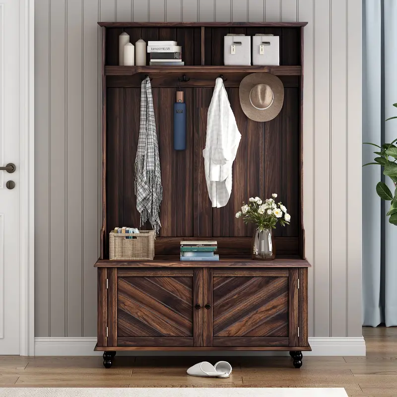BTMWAY Farmhouse Hall Tree: Storage Bench, Coat Rack & Shoe Cabinet – 4-Hook Wooden Entryway Organizer