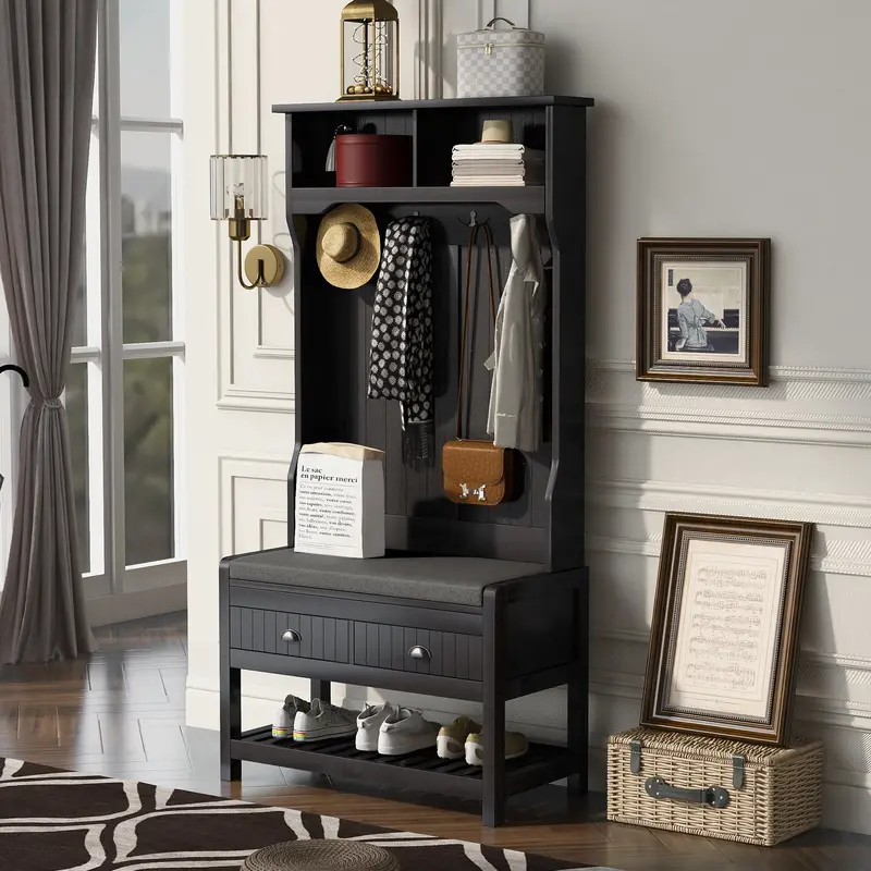 BTMWAY Farmhouse-Style Hall Tree – 3-in-1 Entryway Bench with Storage Drawers, Coat Hooks, and Shoe Cabinet, Black