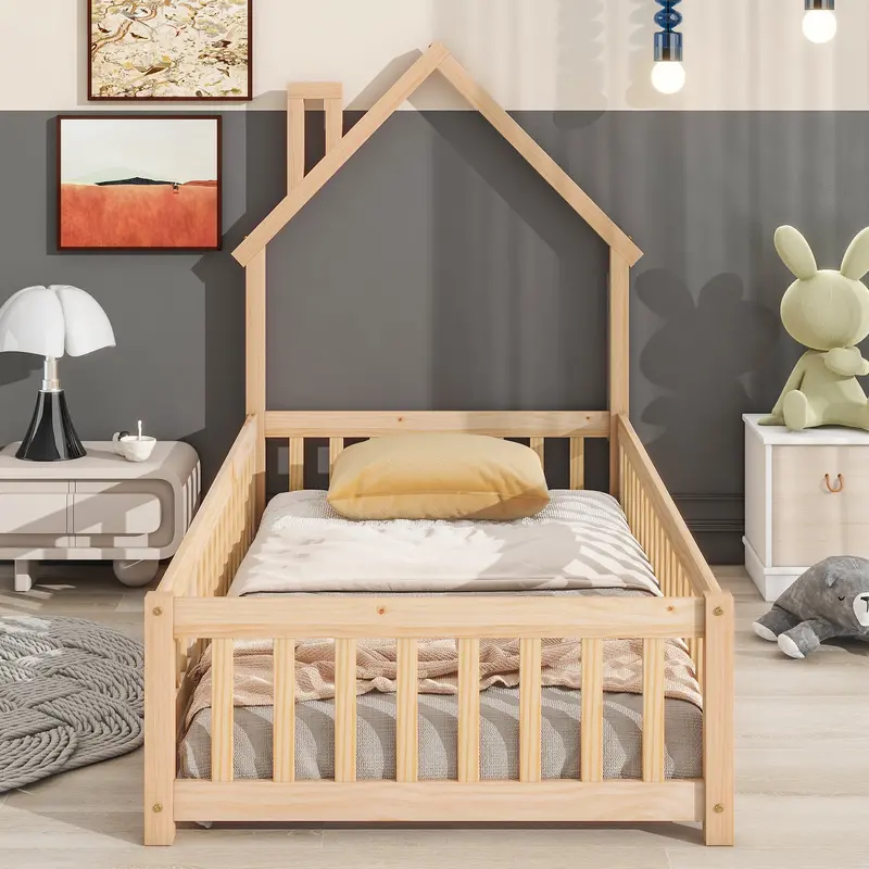 BTMWAY Montessori-Inspired Twin Floor Bed – House-Shaped Wooden Toddler Bed with Low-to-Ground Profile, Gray