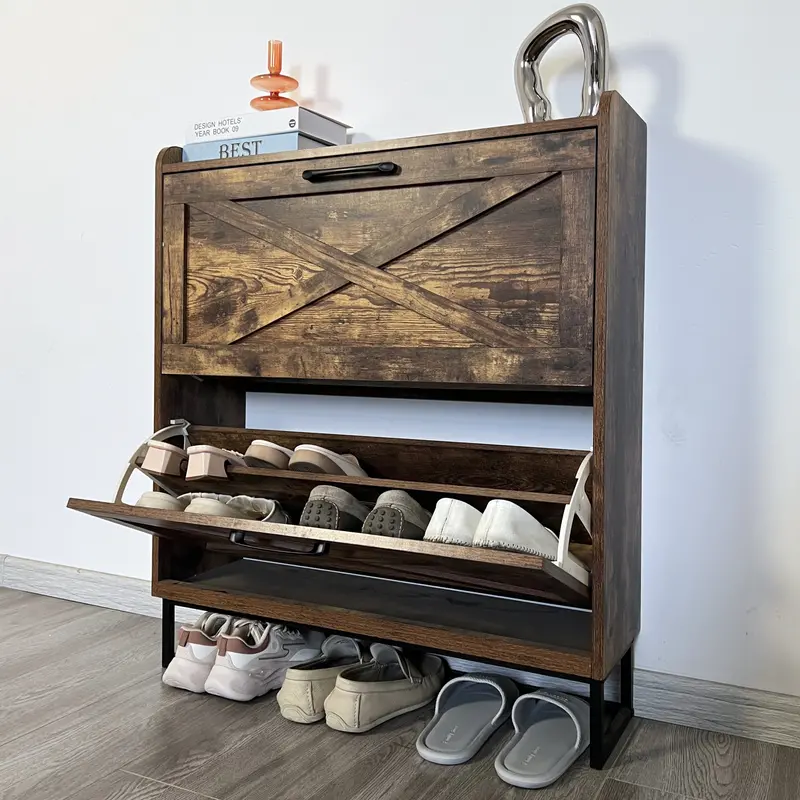 BTMWAY Narrow Freestanding Shoe Cabinet – 2-Flip Drawer Entryway Organizer with Rustic Metal Legs