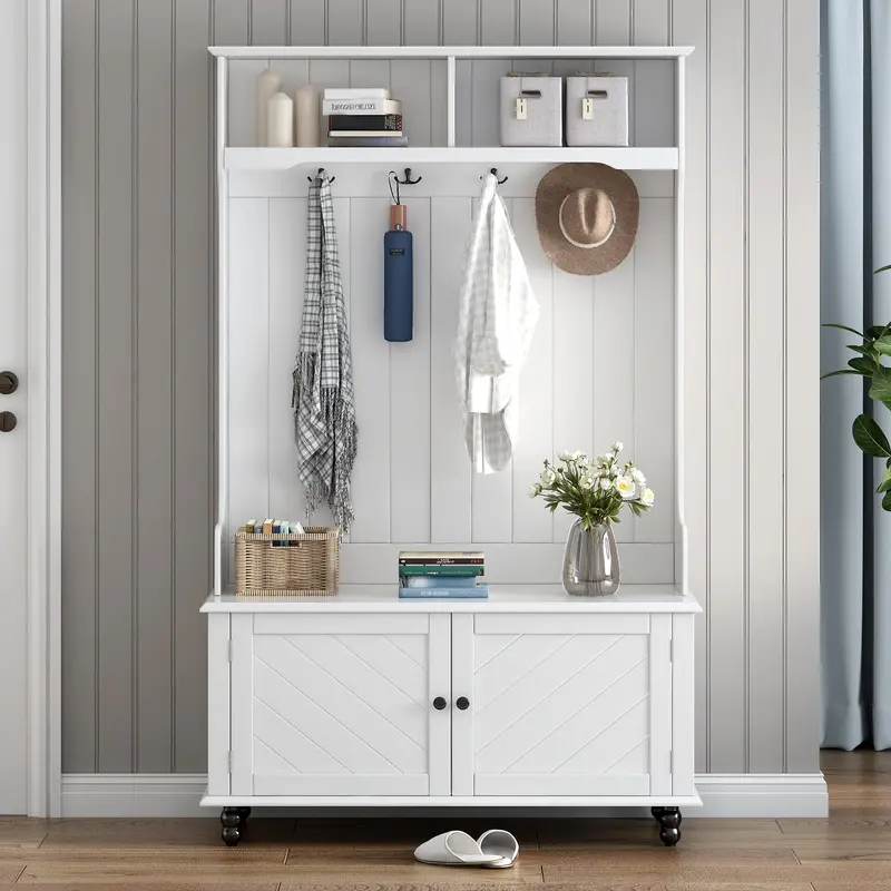 BTMWAY Wood Hall Tree: 3-in-1 Entryway Bench with Shoe Storage, 4 Hooks & 2 Shelves – White Finish