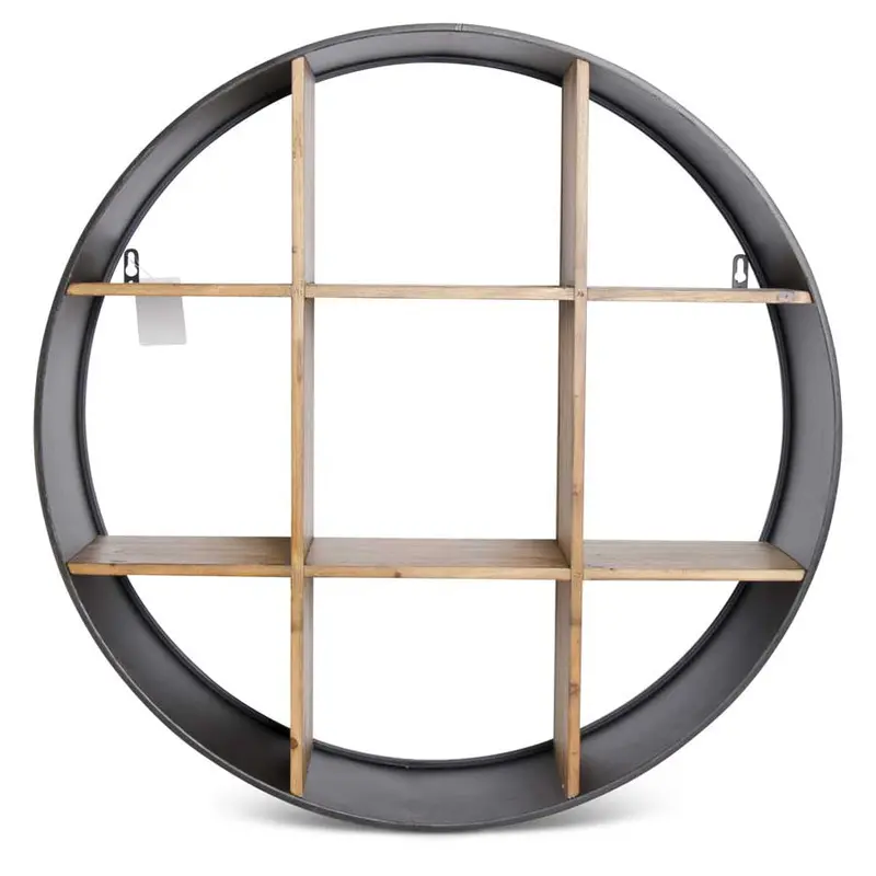 Dark Metal Round Wall Shelf with Nine Wooden Divided Cubbies