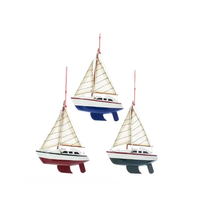 Hand-Painted Yacht Ornament with Fabric Sails – 5 Inches