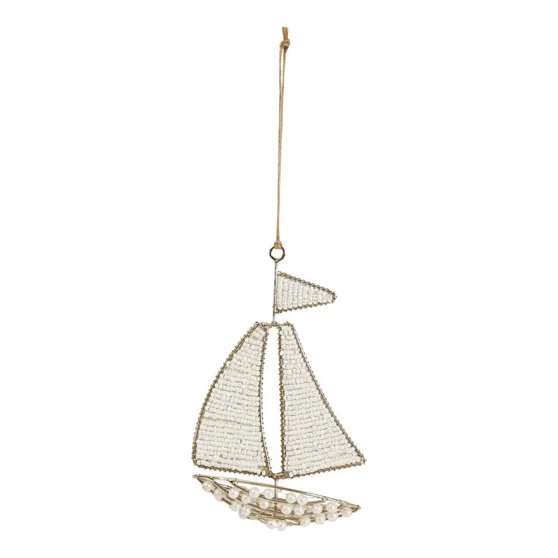 Handcrafted Sailboat Ornament – Metal Frame with Glass Beads and Faux Pearls