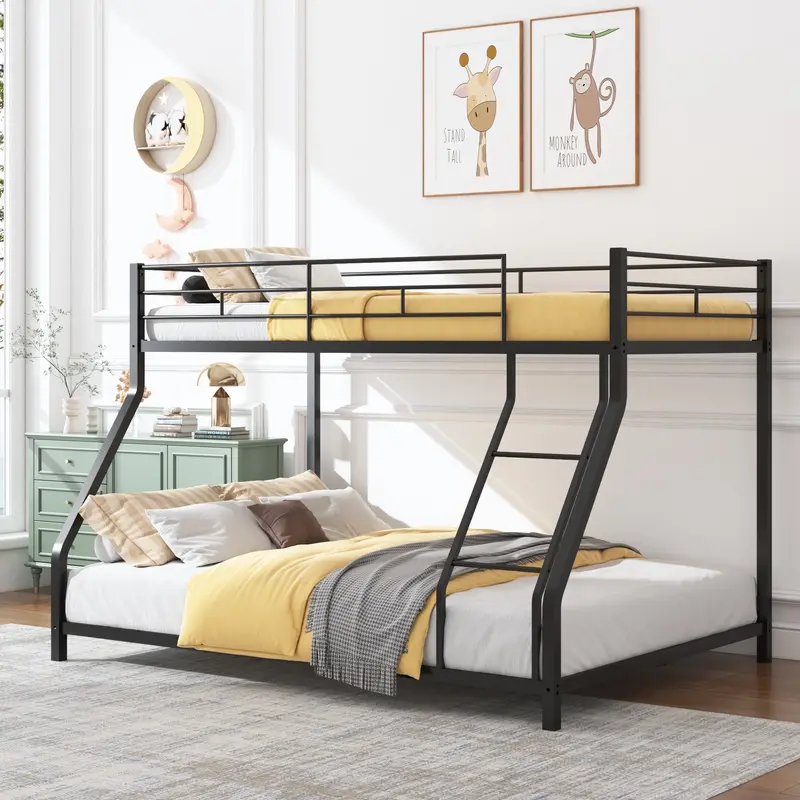 Heavy-Duty Twin-Over-Full Bunk Bed – Kids’ & Teens’ Metal Frame with Safety Rails & Ladder (Black)
