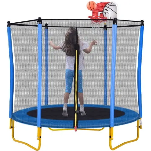 Kids’ 5.5-Foot Indoor/Outdoor Mini Trampoline with Safety Enclosure, Basketball Hoop & Ball – Blue