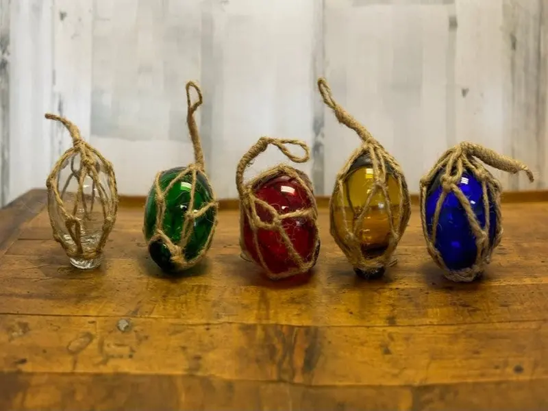 Nautical Glass Buoys Display with Jute Netting Accent