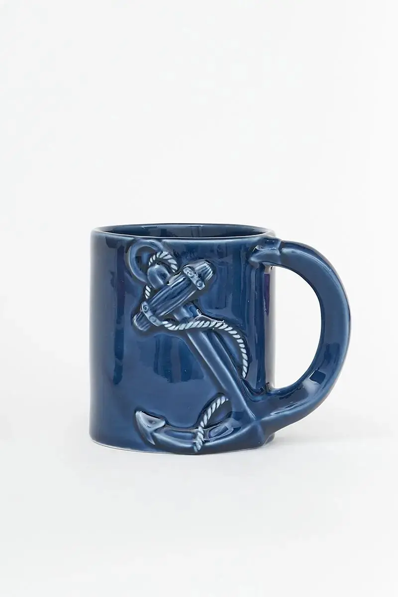 Navy Ceramic Coffee Mug Featuring Raised Anchor Design