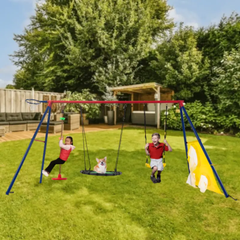 Rainbow 5-in-1 Heavy-Duty Outdoor Swing Set – Yardmaster Steel Frame with Disc Swings, Basketball Hoop, Football Net & All-Weather Durability