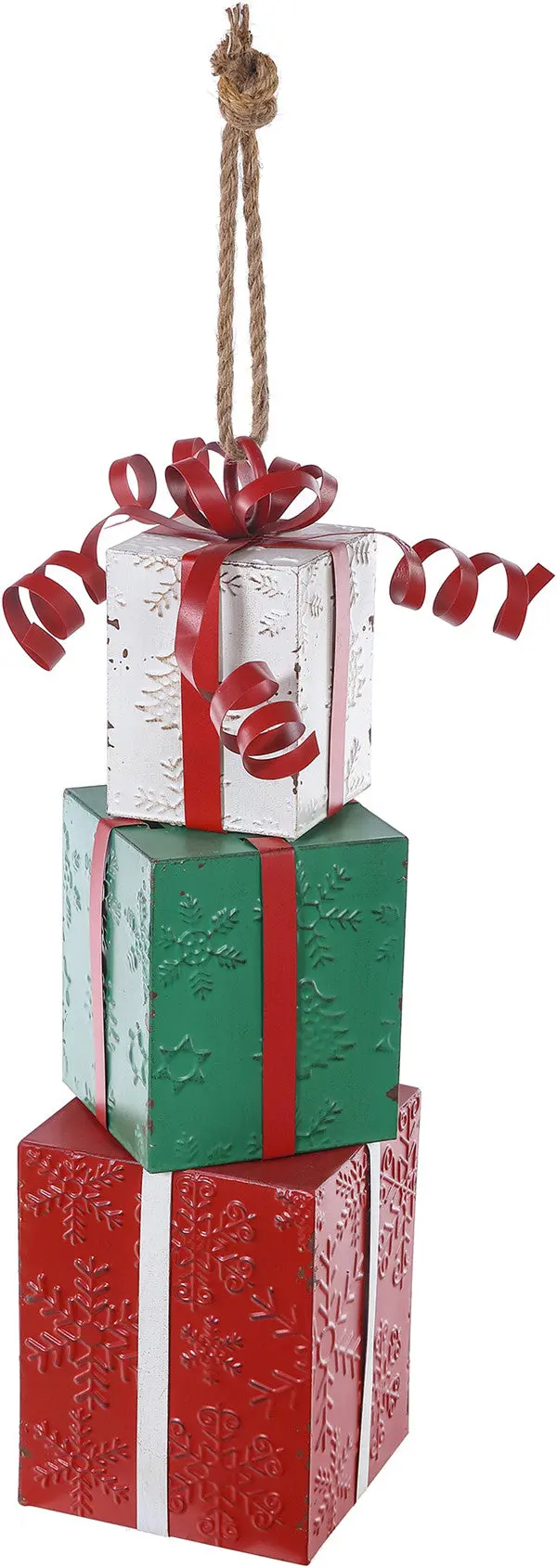 Red White Green Metal Snowflake Emblem Ornament with Bow Accent