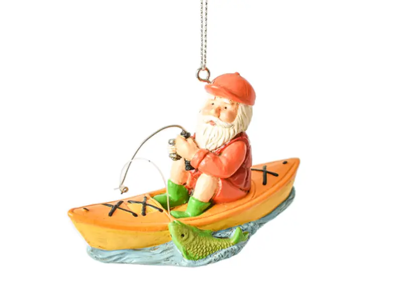 Santa in Kayak Fishing Ornament – Whimsical Lake-Themed Christmas Decor