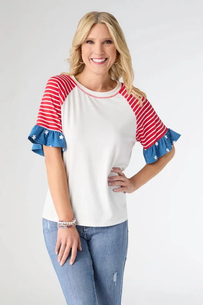 Striped Ruffle-Sleeve Casual Tee