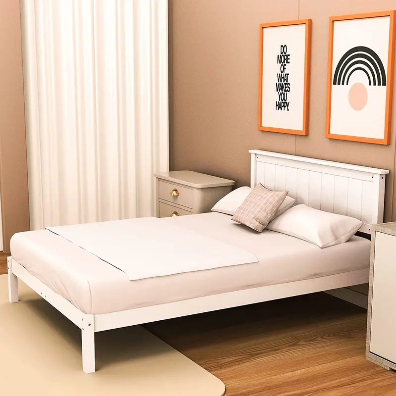 White Wooden Queen Platform Bed Frame – Modern No-Box-Spring Design