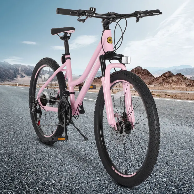 Women’s 24-Inch Mountain Bike for Teens & Adults – Shimano 21-Speed Drivetrain, Dual Hand Brakes & Stylish Pink Frame