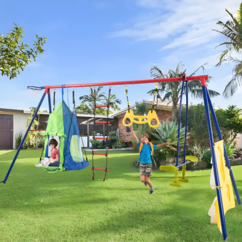Yardmaster 6-in-1 Backyard Swing Set – Rainbow-Colored Playset Featuring Climbing Ladder, Padded Saucer Swing, Soccer Net, Basketball Hoop & Dual Facing Swings